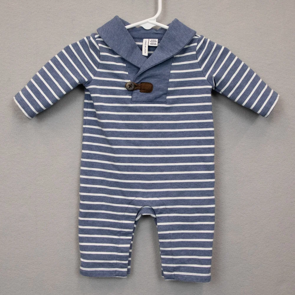Baby Janie and Jack blue white striped shawl collar one piece romper-0-3M